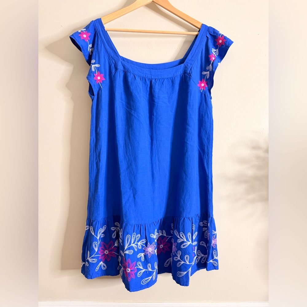Loft Swing‎ Dress Embroidered Royal Blue Boho Cottagecore Ruffles Linen blend M